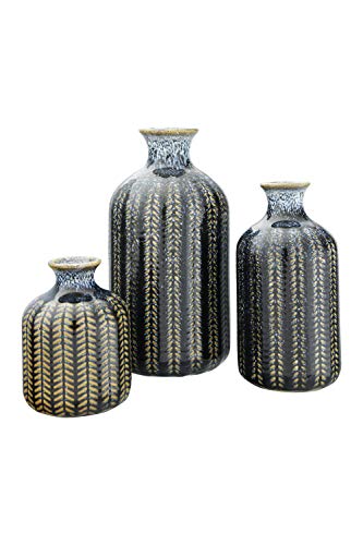 Creative Co-Op Embossed Stoneware Reactive Glaze Finish (Set of 3 Sizes) Vase Set, Blue