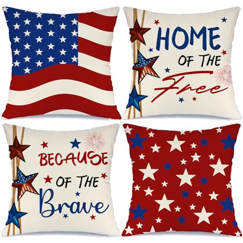 MODOVOS 4th of July Pillow Covers 18x18 Set of 4 America Flag Stars Independence Day Decorations Home of The Free Memorial Day Patriotic Throw Cushion Case for Home Sofa Couch (18 x 18-Inch)