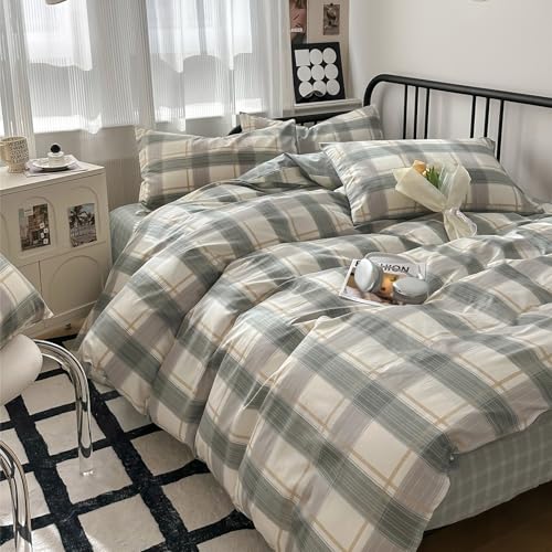 mixinni Twin XL Comforter Set Green Geometric Checkered Plaid Bedding Comforter Set Men Boys Modern Style All Season Soft Fluffy Lightweight Bedding Set-Twin XL Size