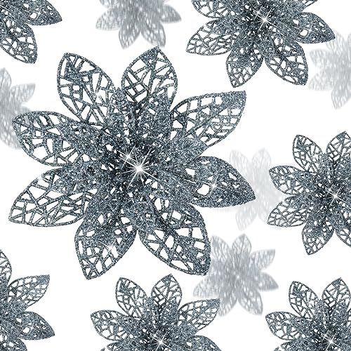 Boao 24 Pieces Glitter Poinsettia Christmas Tree Ornament Christmas Flowers Decor Ornament, 3/4/6 Inches (Dusty Blue)