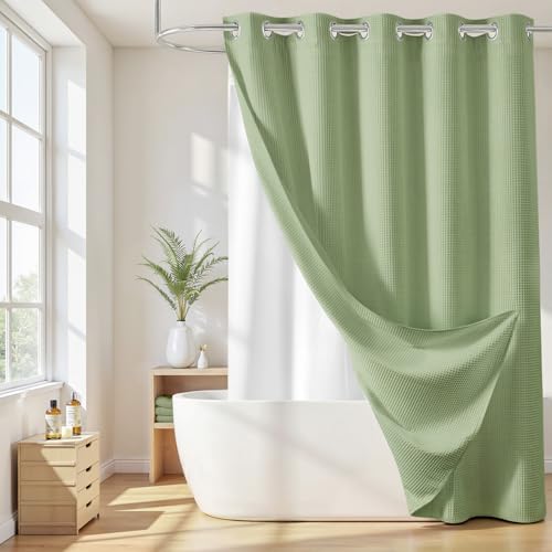 River Dream Cotton Blend No Hook Shower Curtain with Liner, Sage, 71x74 - with Snap in Liner, Heavyweight Waffle Fabric, Hotel Grade for Bathroom, Water Repellent, Corner Magnets, Machine Washable