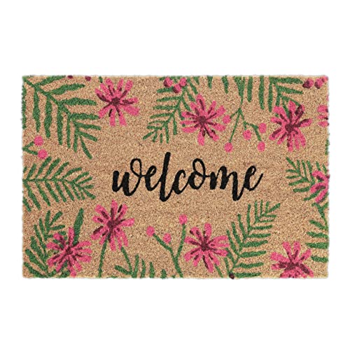 Relaxdays Tropical Welcome Text Doormat Coir Rubber, 40 x 60 cm, Door Mat Inside & Outside, Multicoloured