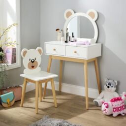 Home Source Kids Dressing Table & Chair Set ??? White Wooden Children???s Vanity with Bear Mirror & Drawers ??? Cute Kids Bedroom Furniture with Pine Legs ??? MDF, Flat Packed