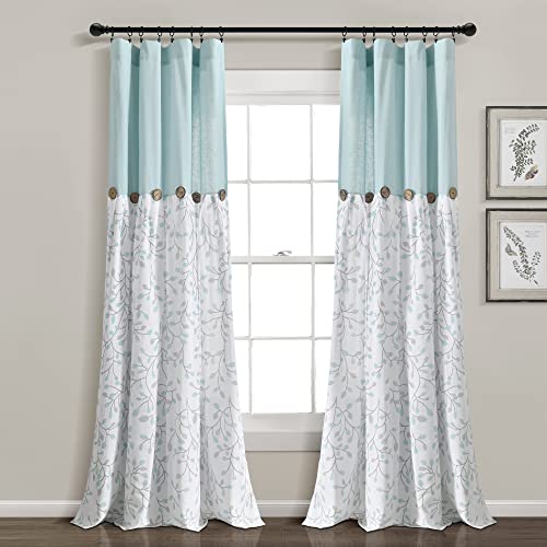 "Lush Decor Linen Button Botanical Garden Window Curtain Panel (Single Panel), 84"" L X 40"" W, Blue & Gray"