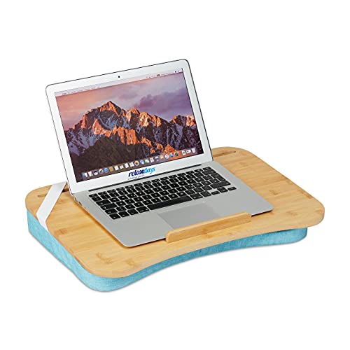Relaxdays Lapdesk, Bamboo, Memory Foam Cushion, WxD: 51 x 36 cm, Handle, Tray for Working on Bed & Sofa, Natural/Blue
