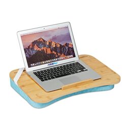 Relaxdays Lapdesk, Bamboo, Memory Foam Cushion, WxD: 51 x 36 cm, Handle, Tray for Working on Bed & Sofa, Natural/Blue