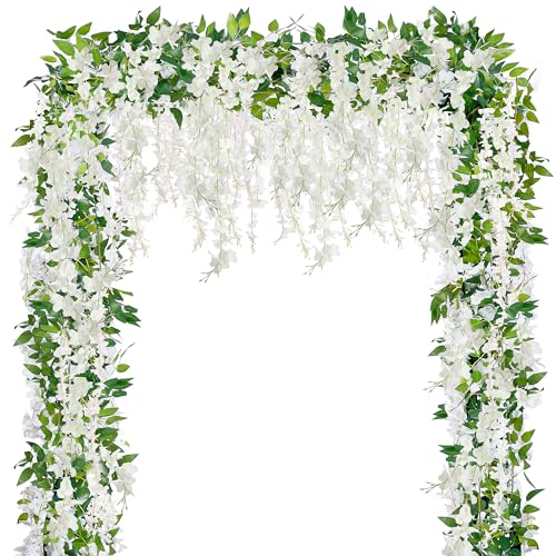 Sggvecsy 6Pcs Wisteria Garland Artificial Flowers Garland Fake Hanging Wisteria Vines Rattan Silk Hanging Flower Vines for Home Garden Outdoor Wedding Arch Party Ceremony Total 35.4Ft (White)