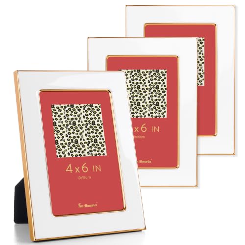 Fun Memories 4x6 Picture Frame - 3pcs White Enamel Glass Photo Frame with Gold Metal Edge & Easel for Display Picture Frame on Countertops, Tabletops, Bookshelves, Desks, Walls (White/Gold)