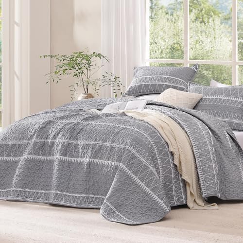 Andency California King Quilt Set (112x104 Inch), 3 Pieces (1 Grey Boho Printed Quilt and 2 Pillowcases), Bohemian Summer Lightweight Reversible Microfiber Bedspread Coverlet Sets