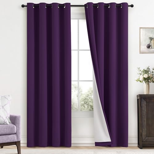 Yakamok Room Darkening 100% Blackout Curtains Grommet Window Treatments with 2 Thick Layers-Purple Thermal Insulated Drapes Set of 2 Panels for Bedroom Living Room 52 Inches by 84 Inches Length