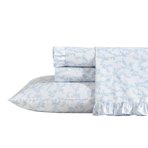 Laura Ashley - Queen Sheet Set, Breathable Percale Cotton Bedding, 200 Thread Count, Floral Home Decor (Victoria Blue, Queen)