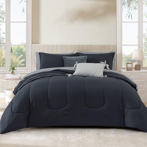 Queen Comforter Set-7 Pieces Blue Soft Bed in a Bag Queen Bedding Sets - Monbix All-Season Channel Quilted Comforter with Sheets, Pillow Shams & Pillowcases