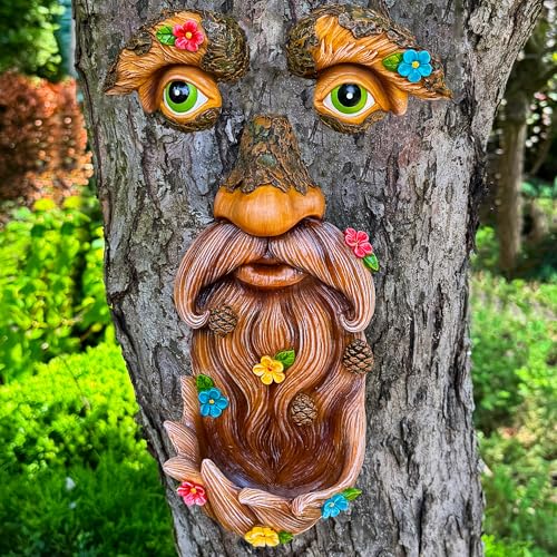 Mood Lab Tree Face Decor - Outdoor Bird Feeder - Old Man Face Decoration with Flowers - Tree Garden Hugger - Yard Art Statues
