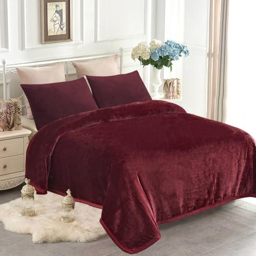 "JYK Fleece Plush Blanket - 3.5 LB, 1 Ply Lightweight Korean Style Mink Blanket, Queen 79"" x 91"" - Super Soft, Warm & Cozy, Microfiber Bed Blanket for All Seasons, Burgundy"