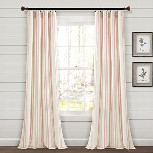 "Lush Decor Farmhouse Stripe Yarn Dyed Eco-Friendly Recycled Cotton Blend Window Curtain Panel Pair, 84"" L x 42"" W, Pink"