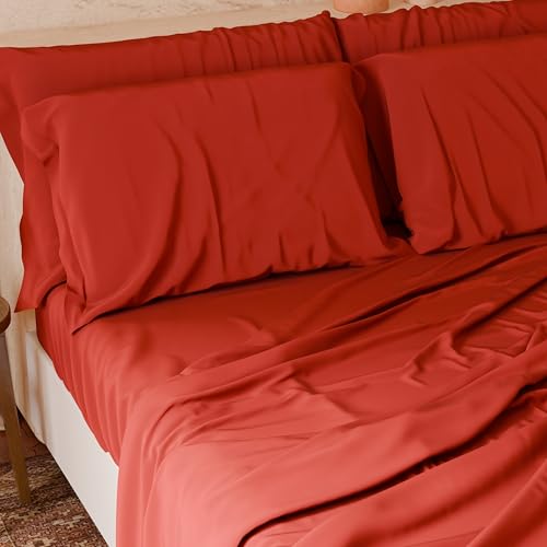 PETTI Italian Artisans - 4-Piece Maxi Double Bed Sheet Set, Soft and Breathable, Complete Bed Set with Top Sheet, Fitted Sheet with Elasticated Corners and 2 Pillowcases Red Sheets