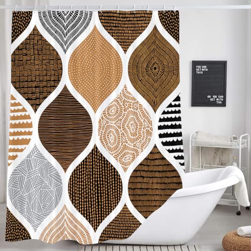 Brown and Grey Shower Curtain for Bathroom, Light Grey Yellow Dark Brown Bohemian Chic Geometric Pattern Fabric Shower Curtains Set, Modern Paisley Restroom Decor Accessories with Hooks 72X72Inches