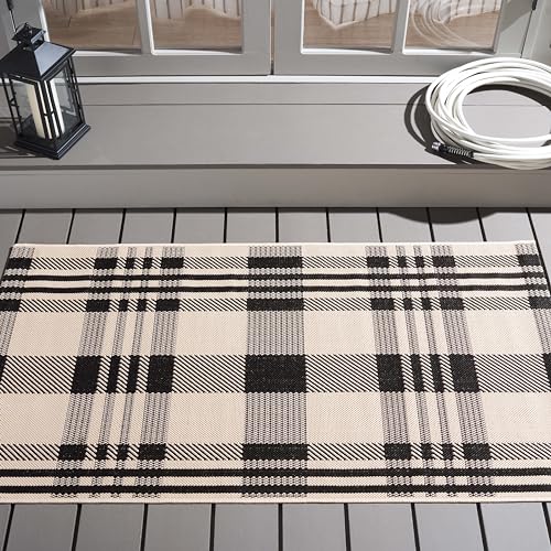 Safavieh Contemporary Rug for Living Room, Dining Room, Bedroom - Courtyard Collection, Short Pile, in Black and Bone, 90 x 150 cm