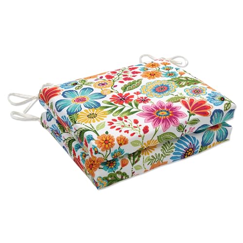 "Pillow Perfect Bright Floral Indoor/Outdoor Square Corner Chair Seat Cushion with Ties, Plush Fiber Fill, Weather, and Fade Resistant, 16"" x 18.5"", Blue/Purple Gregoire, 2 Count"