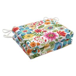 "Pillow Perfect Bright Floral Indoor/Outdoor Square Corner Chair Seat Cushion with Ties, Plush Fiber Fill, Weather, and Fade Resistant, 16"" x 18.5"", Blue/Purple Gregoire, 2 Count"