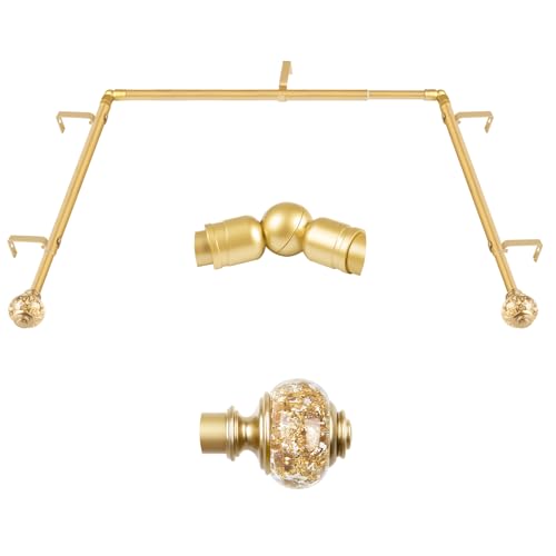 3/4 Inch Gold Bay Window Curtain Rods, USFOOK Telescoping Curtain Rods for Bay Windows 36-72 Inch (Center Rod), 20-36 Inch (Side Rods) with Translucent Finials