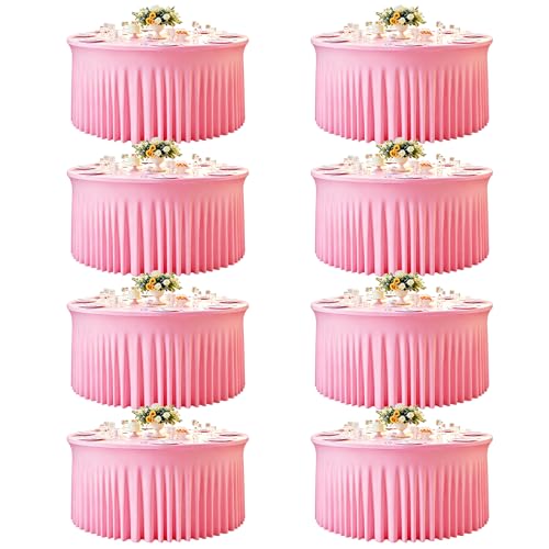 8 Pack Pink Table Cloths for 5FT Round Tables, Fitted Spandex 120 inch Round Tablecloth, Wrinkle Free Pink Table Skirt for Receptions Birthday Photography Social Events Engagement Party Decorations