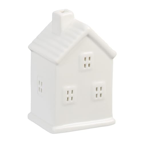 Relaxdays Tea Light House Ceramic, Light through Windows, for 1 Candle, HWD: 12 x 7.5 x 6 cm, Cute Table Decor, White