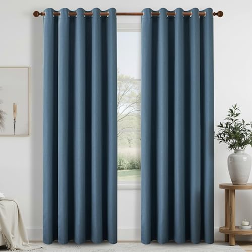 DONREN Total Blackout Linen Curtains 95 Inch Length for Bedroom Living Room, Farmhouse 100% Black Out Thermal Insulated Privacy Lightweight Grommet Curtain Panels, Denim Blue, W66 x L95, 2 Panels
