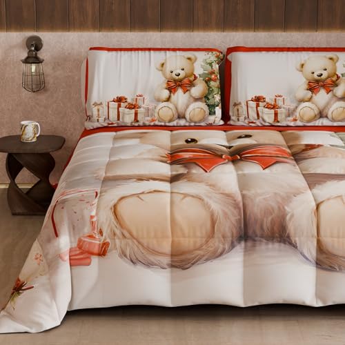 PETTI Artigiani Italiani - Winter Christmas Queen-Sized Quilt, Christmas Queen-Sized Duvet, Double-Sided Quilt, Solid Color and Digital Print, Teddy Bear 1, Made in Italy