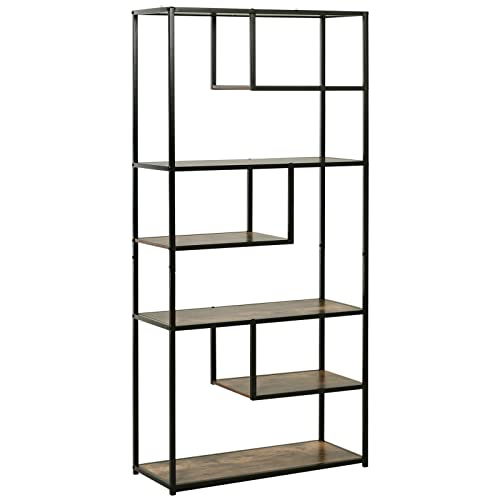 HOMCOM 6 Tier Bookcase Tall, 82 x 33.5 x 175 cm, Rustic Brown and Black