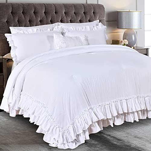 Masaca White Twin Comforter with Ruffles,Shabby Boho Chic Ruffle Comforter Set Farmhouse Twin Bedding Sets,3pcs Vintage Aesthetic Kids Bedding Sets for Girls