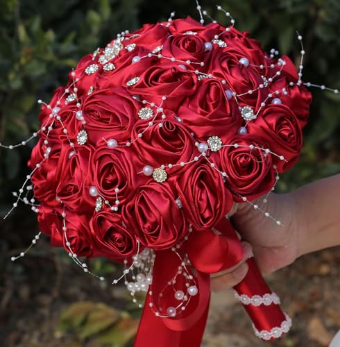 "Mhojpik Bridal Wedding Bouquet Round Bling Brooch Bouquet Throw Toss Artificial Rose Flower Bunch for Bride Bridesmaid Wedding Quinceanera(Ruby Red, 8.7"")"