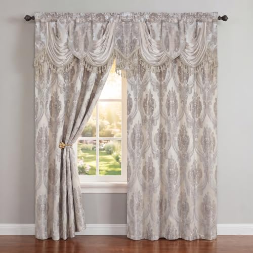 "GOHD Luxe Love. Jacquard Window Curtain Panel Drape with Attached Fancy Valance. 2pcs Set (Sand, 84"" Drop x 54"" Wide with 18"" Valance x 2pcs)"