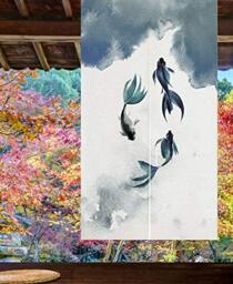 "LIGICKY Chinese Ink Style Japanese Noren Doorway Curtain Cotton Linen Koi Fish Printed Asian Window Treatment Hanging Door Tapestry for Sushi Kitchen Home Decoration 33.5"" Width x 47.2"" Long"