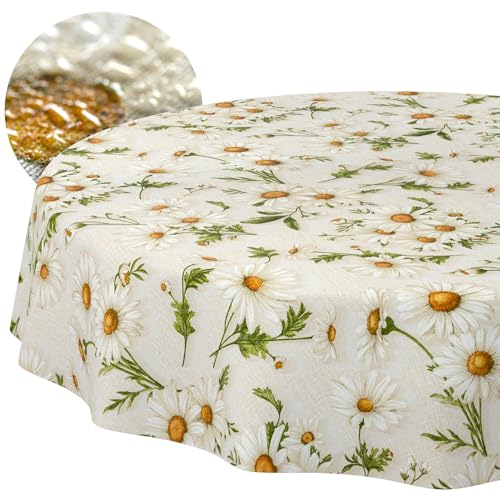 ANRO Tablecloth Washable Daisies White Round Diameter 120 cm Indoor - Weatherproof Garden Tablecloth - Coated Fabric Table Linen - Dirt & Water-Repellent - Easy Care