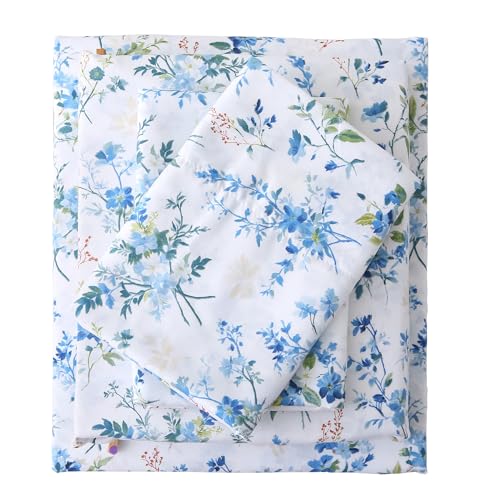 Mooreeke Cozy Vintage Microfiber Printed Twin Sheet Set - Soft & Breathable Percale Blue Green Floral Bed Sheets with Extra Deep Pocket - Non-Slip Fitted Design - Blue Green Flower Pattern