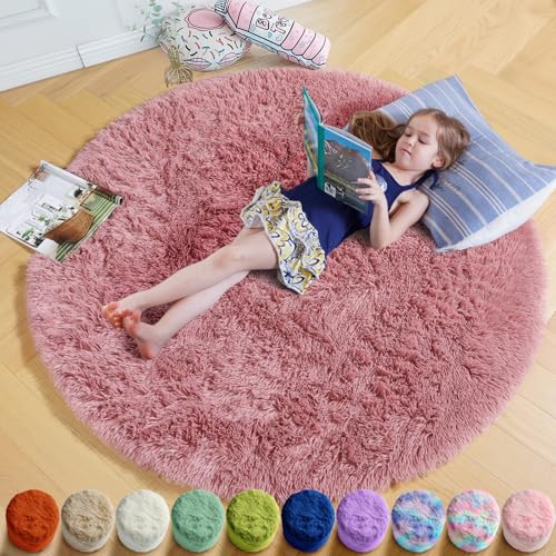 Amdrebio Round Fluffy Rug, 5'X5', Blush, Perfect for Kids Room, Machine Made, Polyester, Rubber, Anti-slip (Rubber Backing), Home Decor, Kids' Room, Gifting