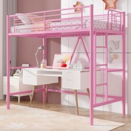 VECELO Metal Bunk Bed Single Size, High Sleeper Bedframe 90×190cm with Removable Ladder and Safety Guardrail, Space-Saving, Noise Free, No Box Spring Needed, Pink
