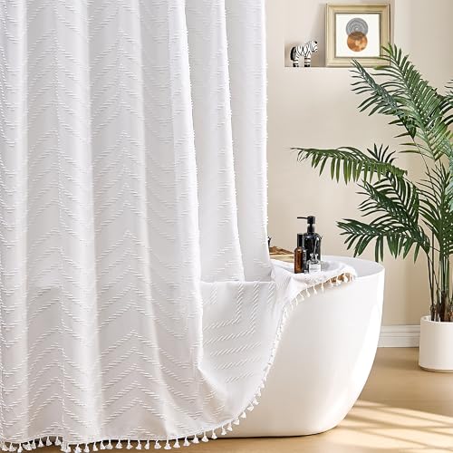 Bohemian Shower Curtain with White Tassel Woven Fabric 60 x 72 inch Modern Rural Textured Tufted Chevron Striped Minimalist Bathroom Shower Curtain