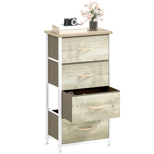 DWVO Chest of Drawers, Fabric Chest of Drawers, Bedroom Cabinet with 4 Drawers,Dresser for Bedroom,Living Room With Handles,Wood Top and Sturdy Steel Frame, Light Wood Color