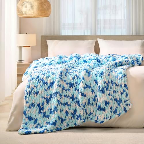 L'AGRATY Chunky Knit Blanket Throw: 50''x60'' Chenille Chunky Knitted Throw Blankets for Bed Couch - Handmade Thick Cable Knit Blanket - Large Crochet Rope Blankets for Home Decor