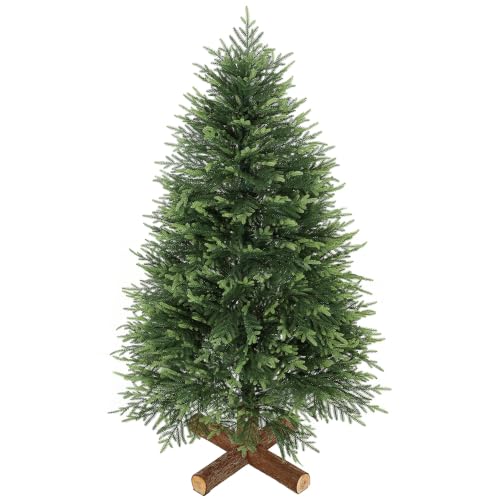 HOMCOM 5ft Artificial Christmas Tree with Fir Wood Base, Green - Realistic PE & PVC Foliage, Auto-Open Hinged Branches for Easy Assembly, Indoor Christmas Decor