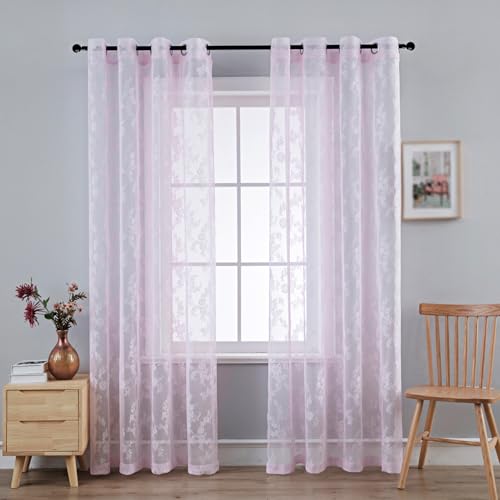 Anytime Pink Lace Sheer Curtain Panels for Living Room Elegant Window Treatment Sets Light Filtering Translucent Draperies for Office (2 Panels,W55 x L72inch)