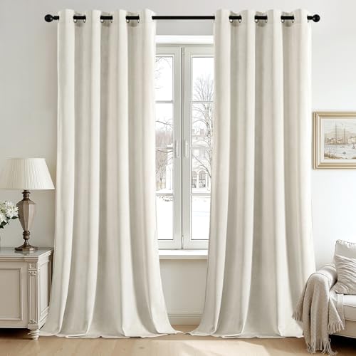 ANRODUO Ivory White Velvet Curtains 96 Inches Long Blackout Thermal Insulated Soundproof Curtain Privacy Room Darkening Curtains Grommet Window Drapes for Bedroom Living Room Set of 2