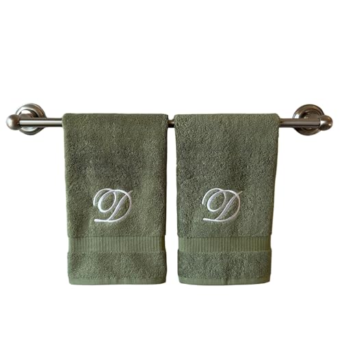 Sage Monogrammed Hand Towels for Bathroom - Luxury Hotel Quality Personalized Initial Embroidered Towel for Powder Room, Spa - GOTS Organic Certified - Set of 2 White Letter D