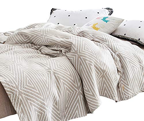 MEJU Grey Checks Striped Triange Muslin Reversible Summer Blanket for Bed Sofa Couch 100% Combed Cotton 3 Layer Soft Warm Bedspread Throw Blanket Bed Coverlet Sheet Full Queen 80 in X 90 in