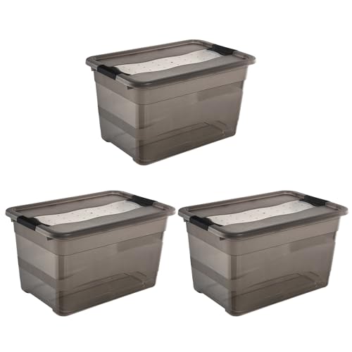 keeeper Cornelia 3 x Storage Boxes with Lid and Sliding Closure, 59.5 x 39.5 x 34 cm, 52 L, Crystal Grey
