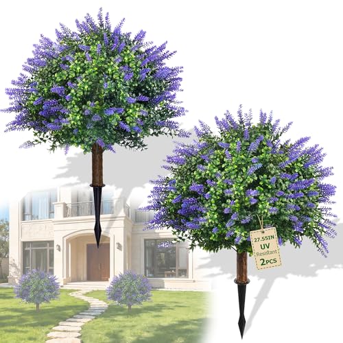Artificial Boxwood Topiary with Lavender, 27.55 Inch Artificial Faux Shrubs Ball Trees with Ground Spike, UV Resistant Outside Bushes Garden, Set of 2 Fake Evergreen Plants Front Porch Indoor Decor