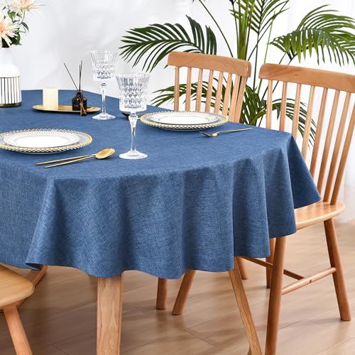 Wolkemer Faux Linen Oval Tablecloth Heavy Duty Wrinkle Resistant Fabric Table Cloths 60 x 102 Inch Navy Blue Farmhouse Rustic Table Cover for Kitchen Dining Indoor Outdoor Tabletop Decoration