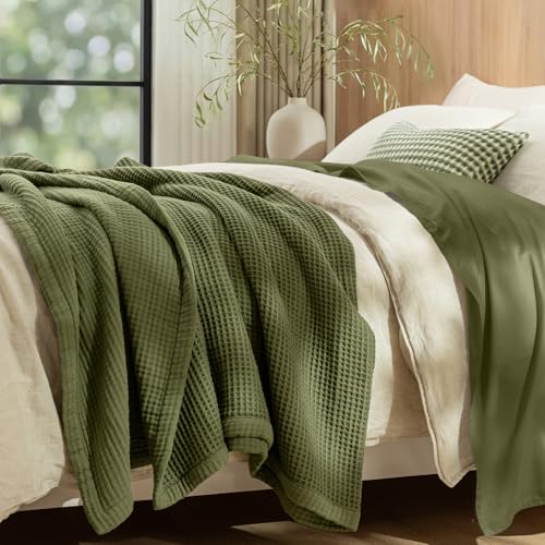 "PHF 100% Cotton Waffle & Muslin Throw Blanket Large, Soft Breathable Luxury 400GSM Versatile Reversible Bedding for Couch, Great for Layering in Cold Weather, Home Decor Gift, 50"" x 70"", Olive Green"